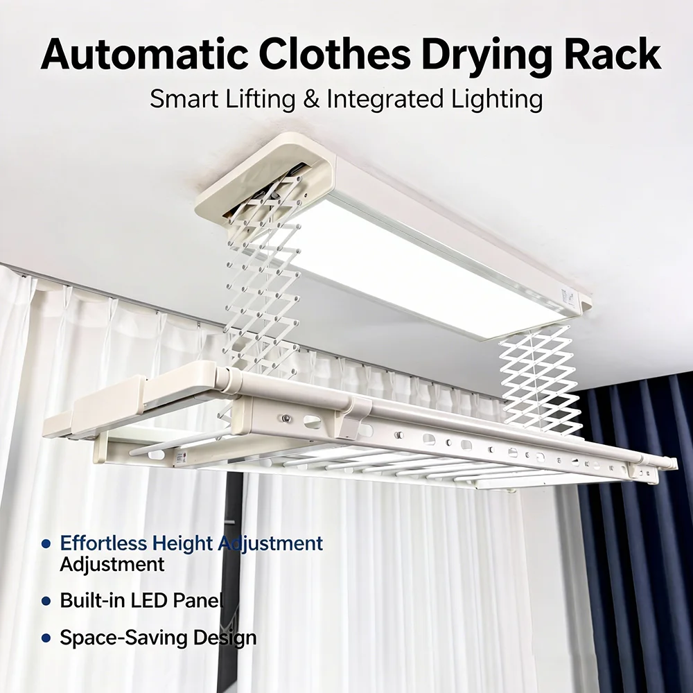Multi-Voltage LED Lighting Foldable Electric Clothes Drying Rack with DC Motor and Remote Control