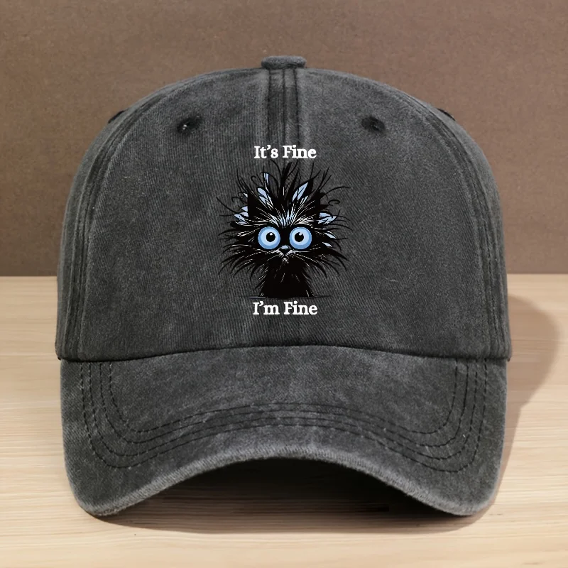 Fashionable "It'S Fine, I'm Fine" Cat Graphic Washed Baseball Cap Adjustable Fit, Lightweight & Durable, Perfect for Outdoor S