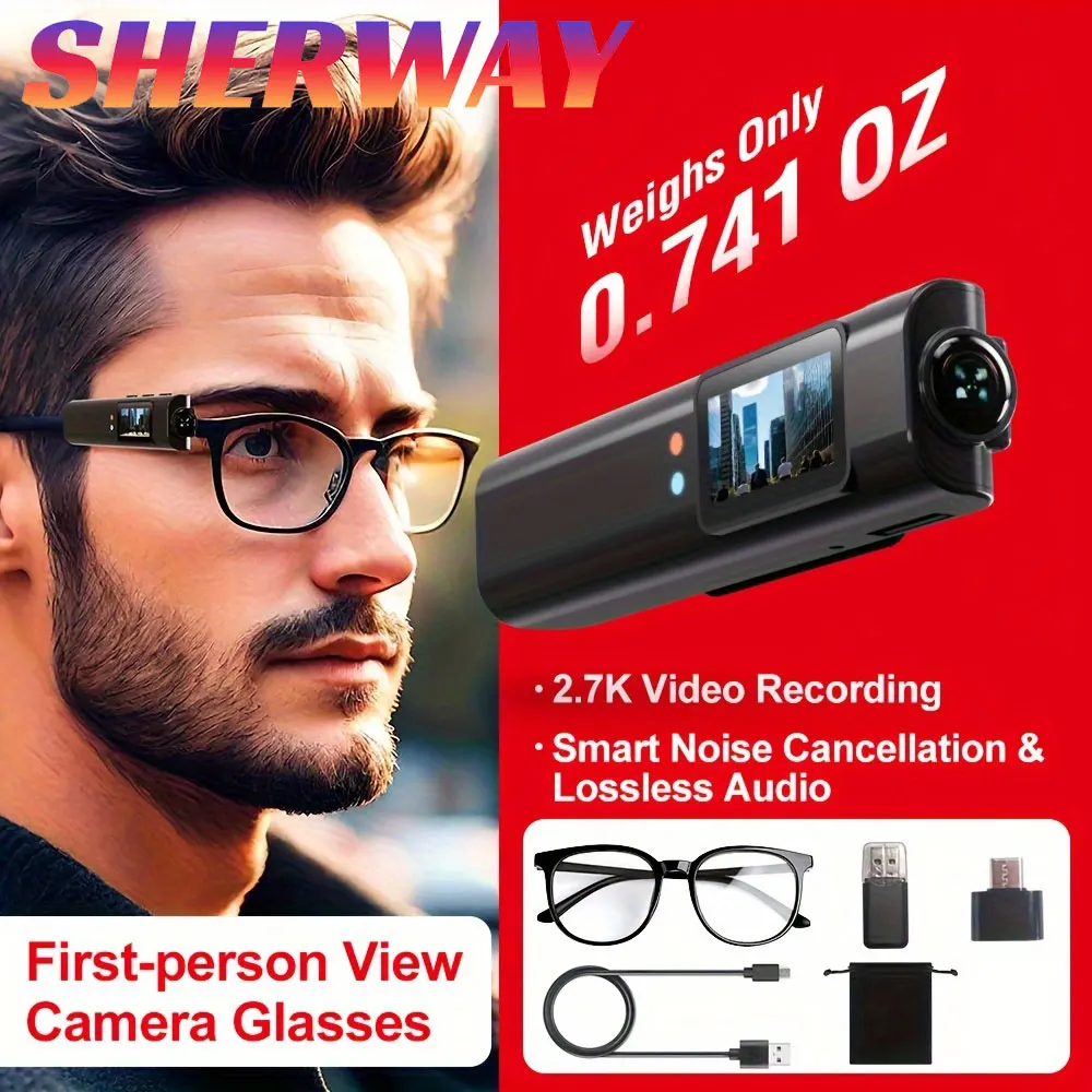 Mini Body Camera HD 2.7K Wearable FPV Eyeglasses Video Shooting WiFi Headset Glasses Action Cameras for Walking Travel Cycling