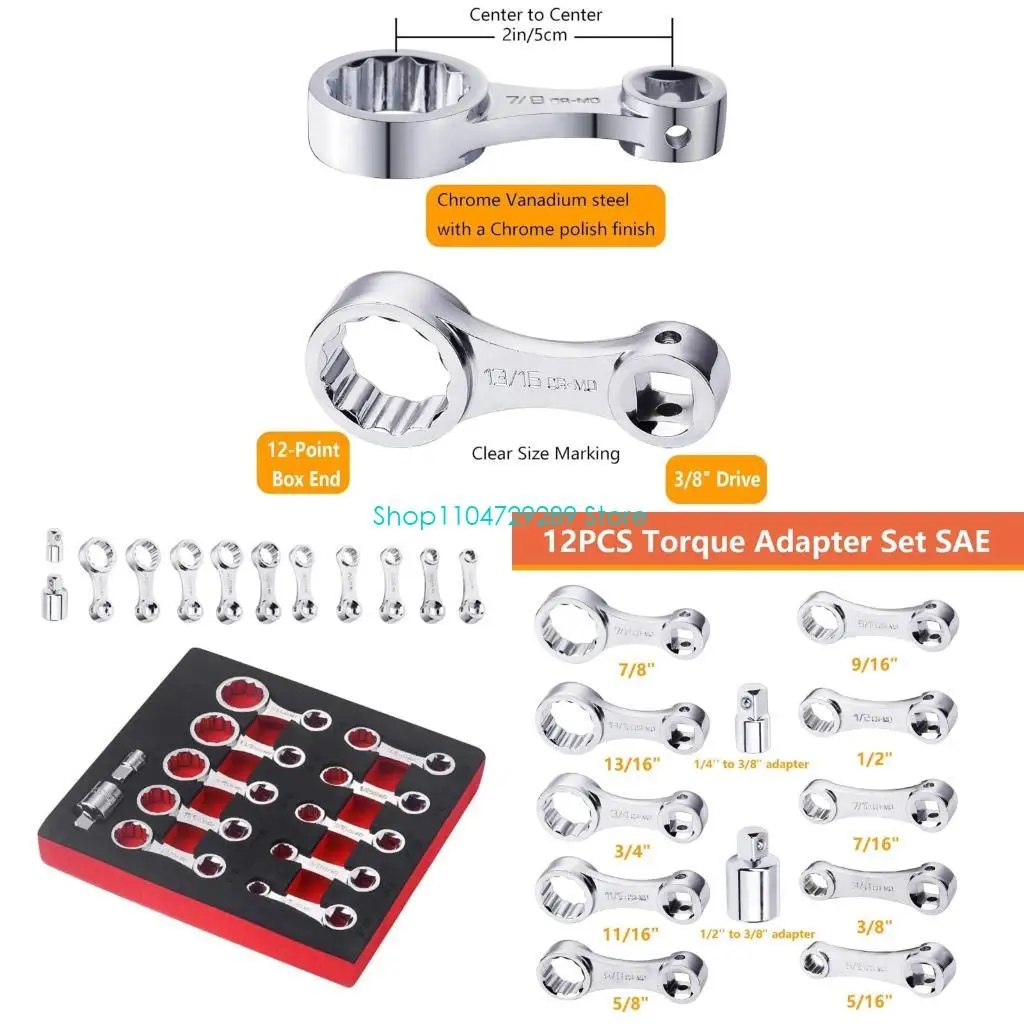 

D8KE 3/8" Torque Wrench Adapter 12-Piece SAE 12-Point Box End Torque Adapter Set
