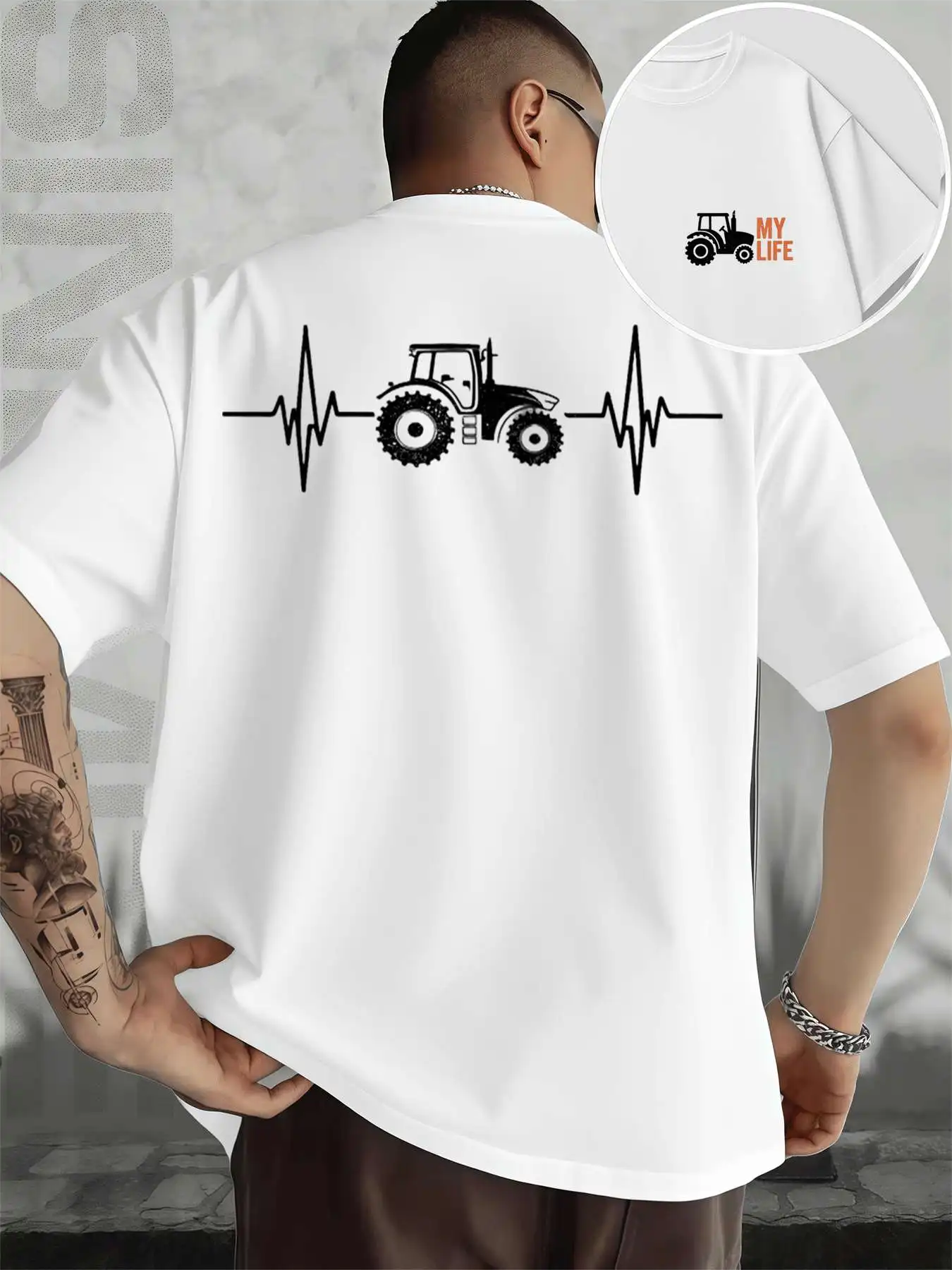 

Men's Tshirt Tractor Heartbeat Farm Men's Double-Sided printed Fashionable Casual Crew Neck 220gsm Pure Cotton T-Shirt