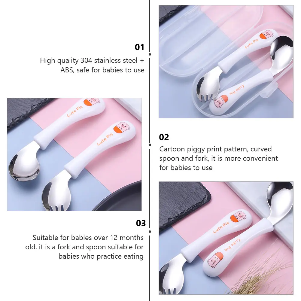 

Practicing Children Tableware Cartoon Cutlery Stainless Steel ABS Pig Fork Spoon Reusable Kids Utensils Travel Storage Box Baby