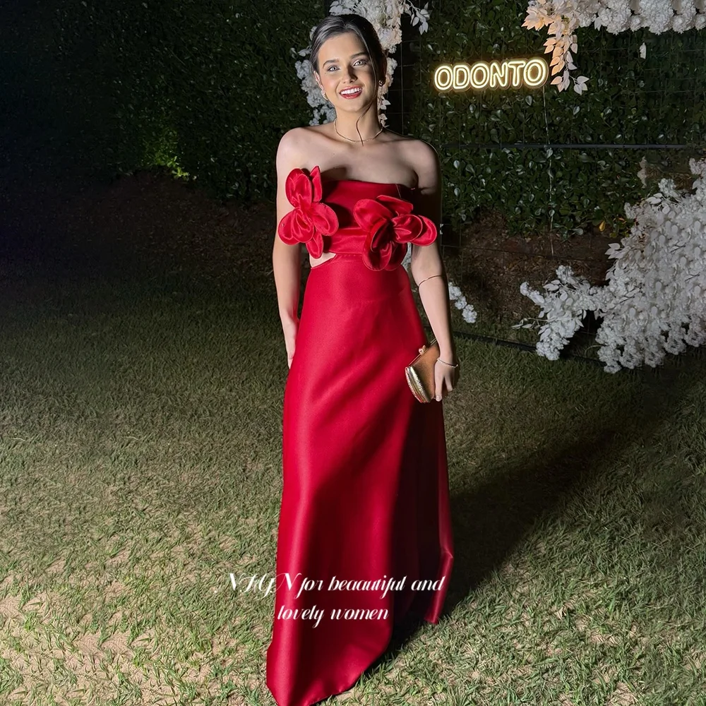 

NFYN A Line Formal Gown Strapless Prom Dresses 3D Flowers Party Dress for Arabic Women حزب فساتين Customized