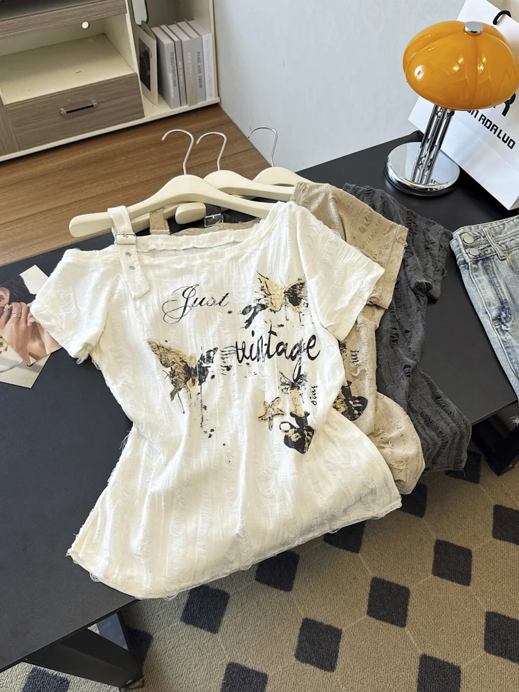 

Women's Short Sleeved Butterfly T-shirt Y2K Harajuku High Street Aesthetic 2000S Sexy Off Shoulder Strap Top T-shirt Clothes New