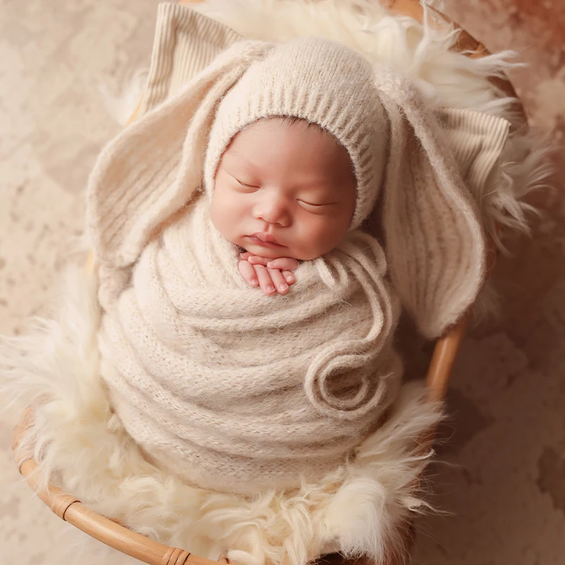新生児写真撮影小道具かわいいニットバニー帽子背景ヘッドバンドウールマットラップ枕セットスタジオベビー写真撮影アクセサリー用