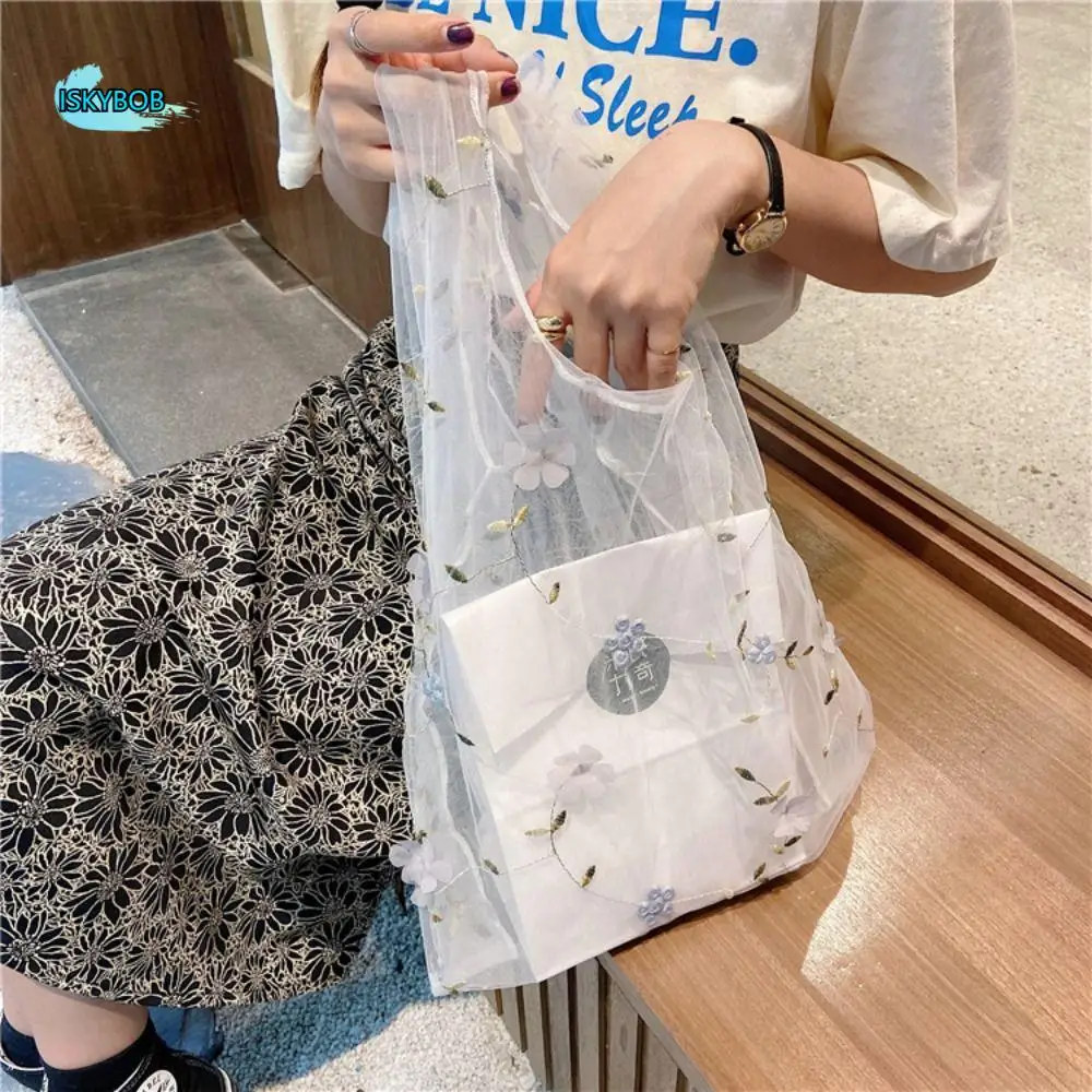

Casual Large Capacity Transparent Handbag Mesh Cloth Embroidery Bag Storage Bag Flower Shopping Bag Streetwear