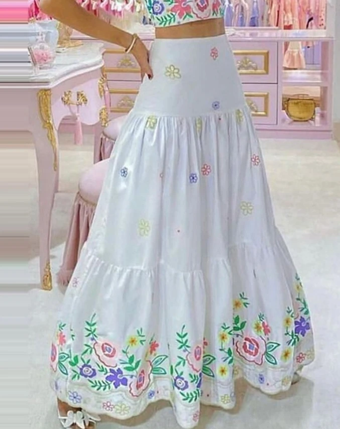 Summer Half Skirt Fashionset with Small Fresh Plant Print Bubble Sleeveshort Top High Waisted Buttocks Wrapped A-Line Long Skirt