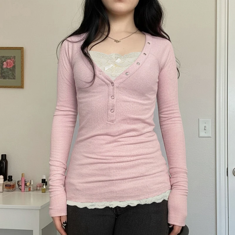 

Sweet Patchwork Lace Layered-Look T-Shirt Women 2025 V-Neck Long Sleeve Tees Women 2025 Autumn Spring Fashion Streetwear Ladies