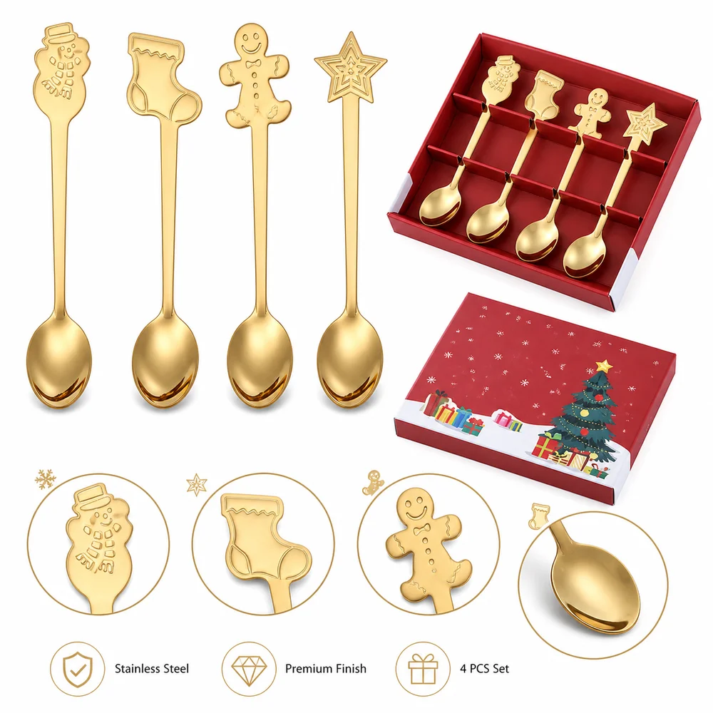 4PCS Set New Stainless Steel Dessert Spoons Snowman Festive Cutlery Spoon Stocking Gingerbread Coffee Spoons Christmas Gift
