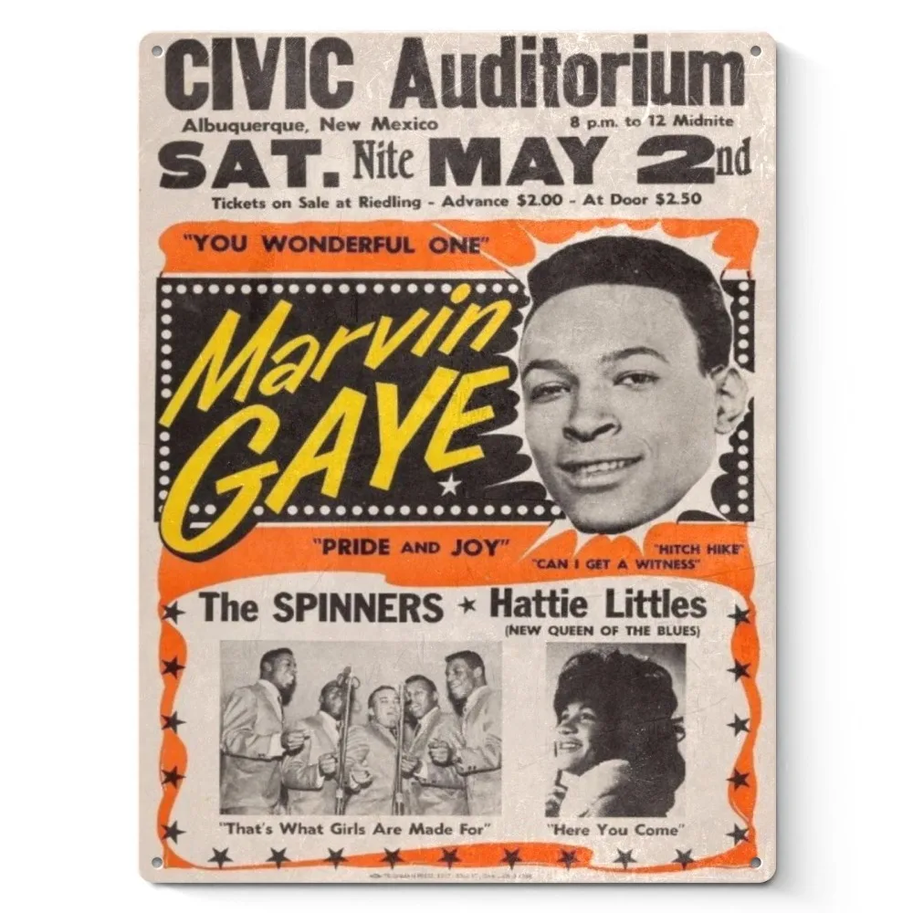علامة قصدير معدنية كلاسيكية على الطراز الهزلي Marvin Gaye CIVIC Auditorium S A T. نيت مايو 2 دي لعطلة المنزل، مقهى 30 × 40 سم