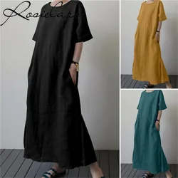 2024 Summer Linen Loose Large Size Solid Color Short-sleeved Waistband Slit Fit Long Dresses Women Clothes 5XL Robe Black Dress