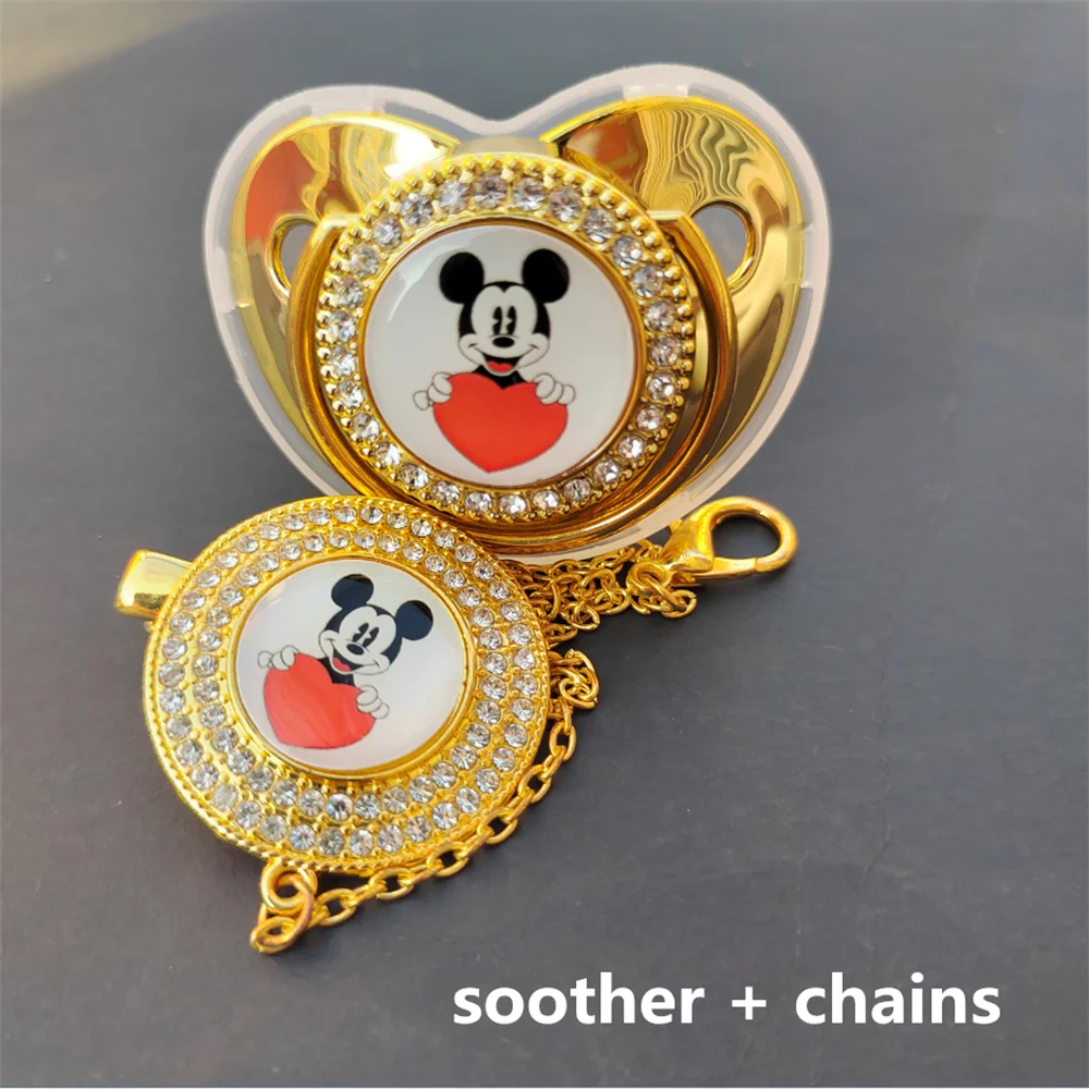 Disney Gold Bling Pacifier and Double Circle Rhinestones Holder Chains Mickey Mouse Print Chupeteors for Babies Boys Girls Gifts