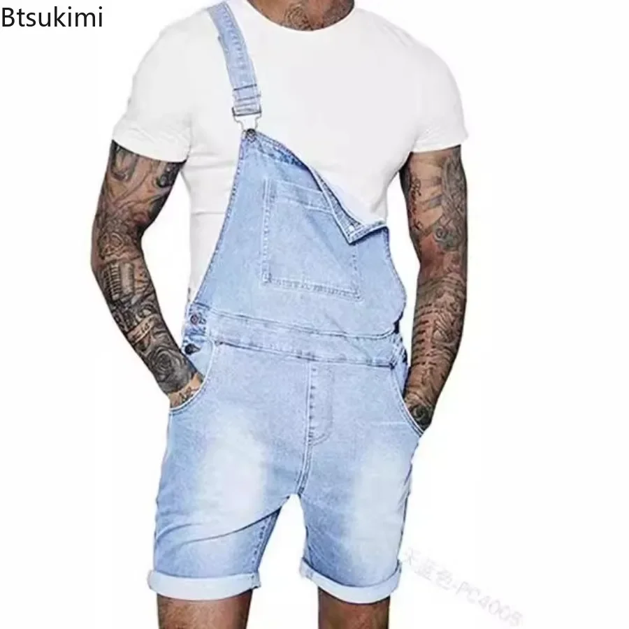 Jumpsuit mode 2024 untuk pria, Jumpsuit Denim multi-saku, celana pendek tali Denim longgar, pakaian jalanan longgar kasual, baju monyet satu potong untuk pria