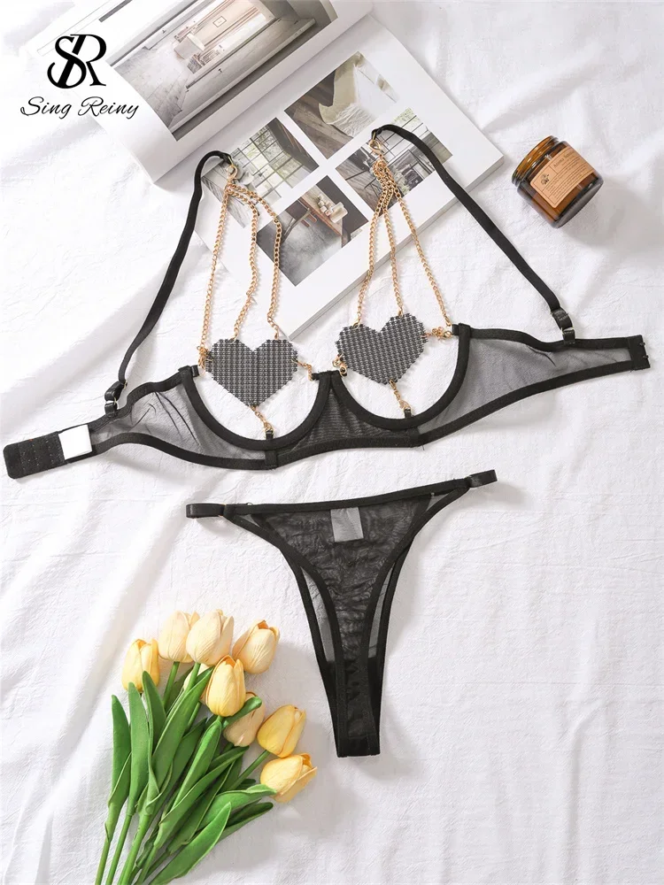 SINGREINY Hollow Out Spliced Chain Erotic Lingerie Sets Fashion Club Sensual Sleepwear Female Sheer Love Sexy Underwwear Suits