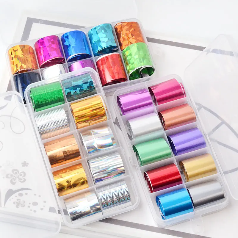 10 Rolls/ Box Charm Nail Foils Polish Stickers Metal Color Starry Paper Transfer Foil Wraps Adhesive Decals Nail Art Decorations