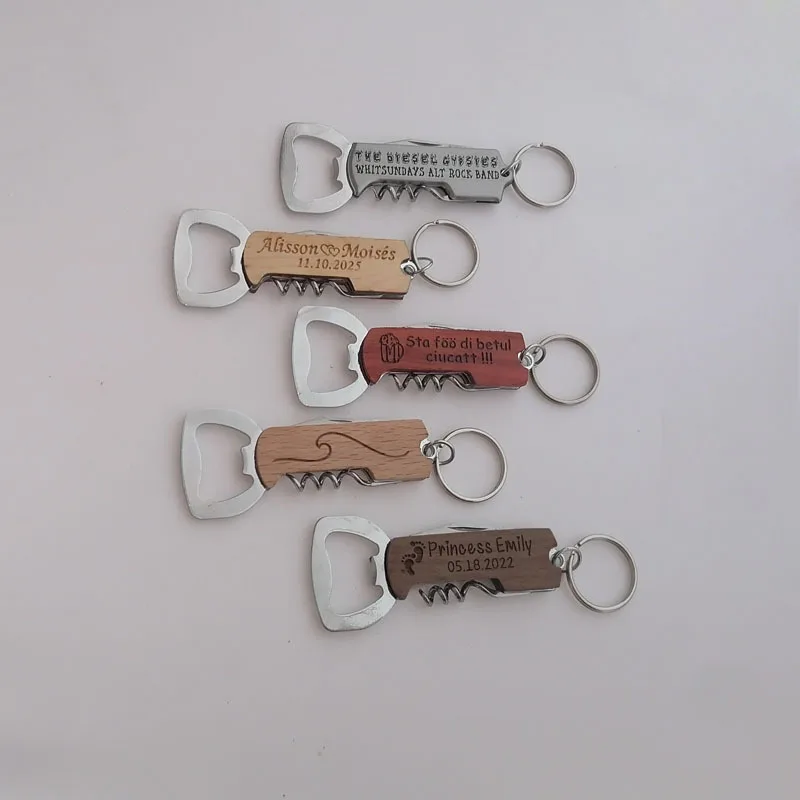 20pcs Beer Bottle Opener Keyring Personalise Multi Function Wooden Handle Corkscrew Wine Opener Keychain Party Guest Favor Gifts