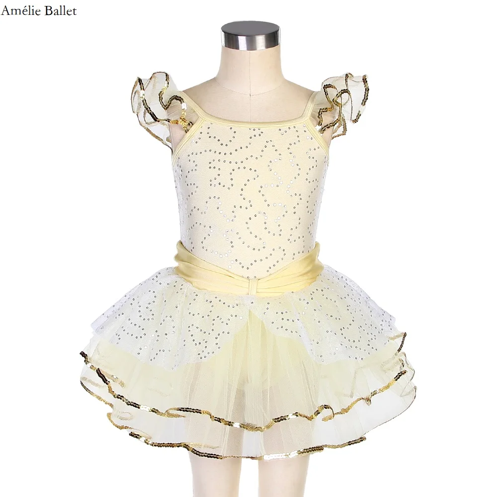 

16054 Child Spandex Leotard with Tulle Shoulder Ruffles Sequin Bodice Dance Wear for Ballet Dance Performance Dance Dress