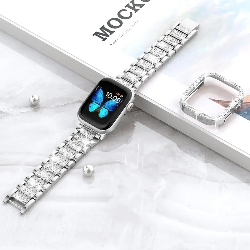 حافظة ماسية + حزام من الفولاذ المقاوم للصدأ لساعة أبل 40 ملم 41 ملم 44 ملم 45 ملم سوار معدني لسلسلة iWatch 9 8 7 6 5 4 SE