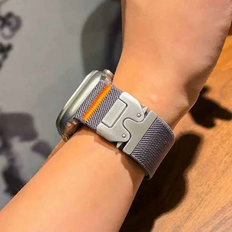 애플 워치 울트라 2 밴드 49mm 46mm용 브레이디드 엘라스틱 나일론 스트랩 메탈 우산 버튼 IWatch 시리즈11 10 9 8 7SE용