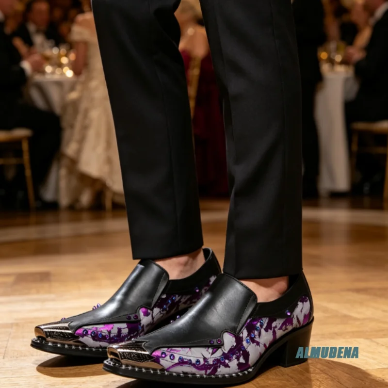 Black Purple Men Slip On Loafers Metal Pointed Toe Chunky Block Heel Stylish Wedding Business Gentleman Formal Dress Shoes