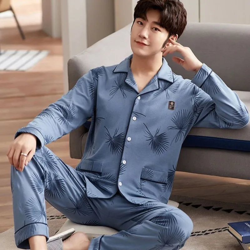 2024 New Cotton Pajamas Men Spring Autumn Long Sleeve Sleepwear Cardigan Lapel Middle-aged Youth Winter Loose V-neck Homewear