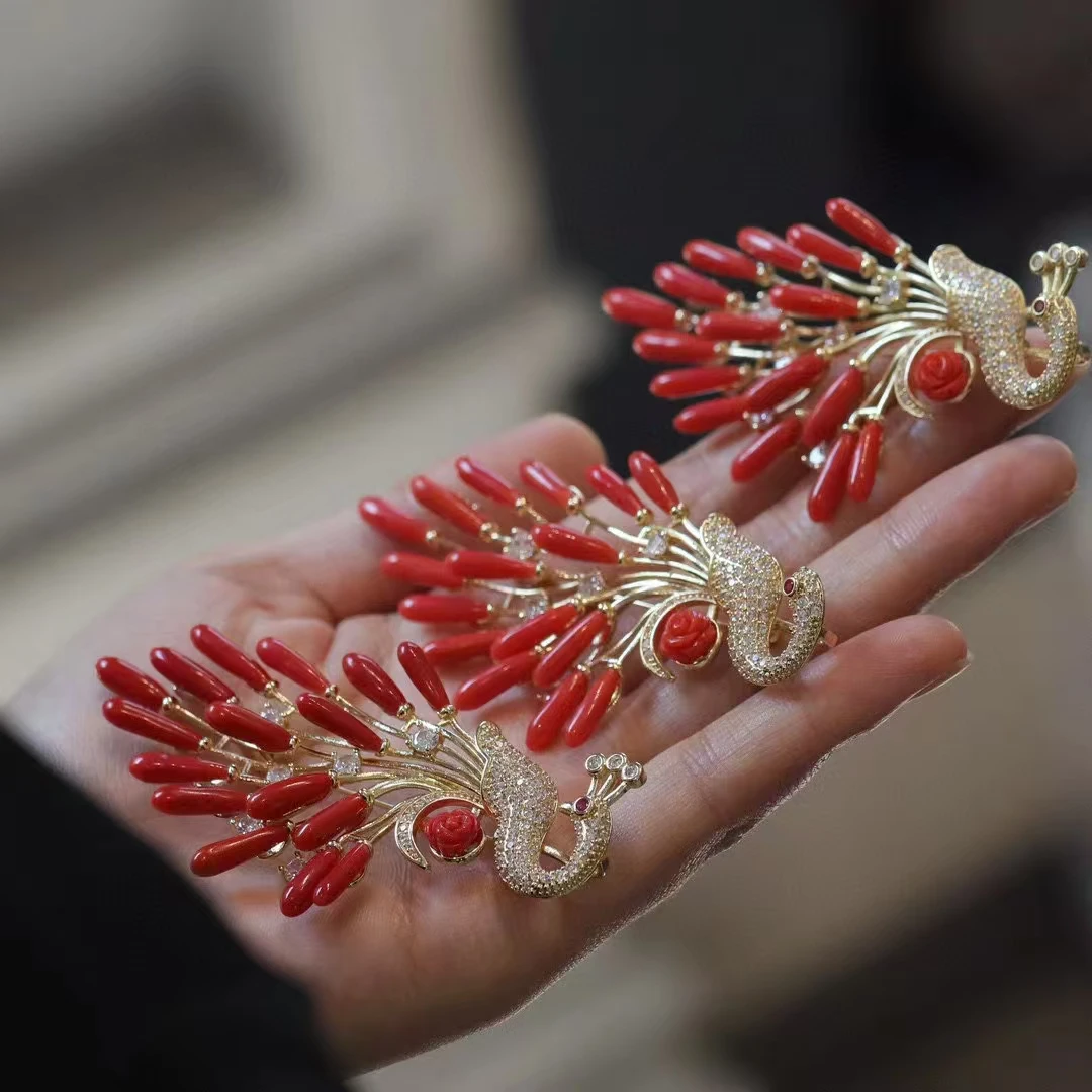 1pcs/lot Natural Red Coral Brooch Pendant peacock drop blossoms Rich and auspicious vogue luxury female gift