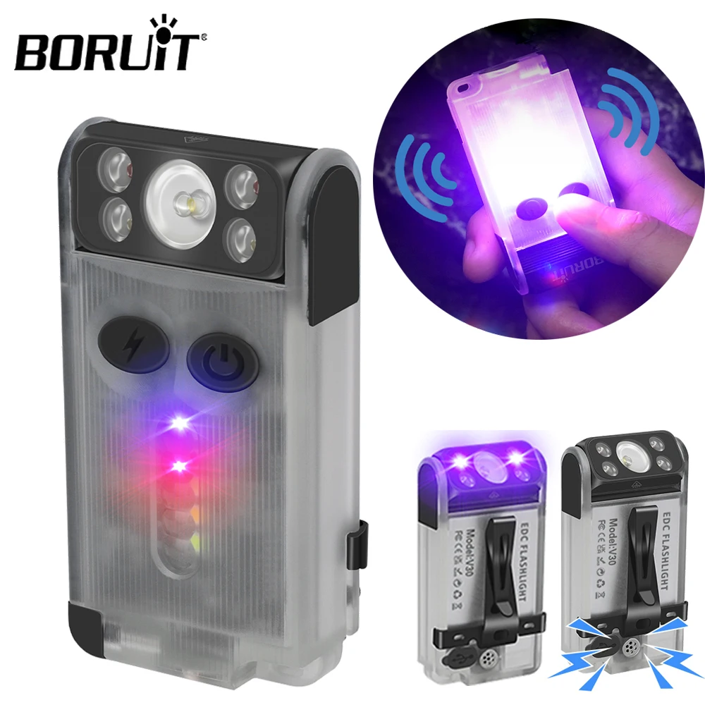 BORUiT V30 EDC LED Flashlight Keychain Power bank UV Magnetic Beep Clip USB-C Rechargeable Camping Fishing Torch Alarm Emergency