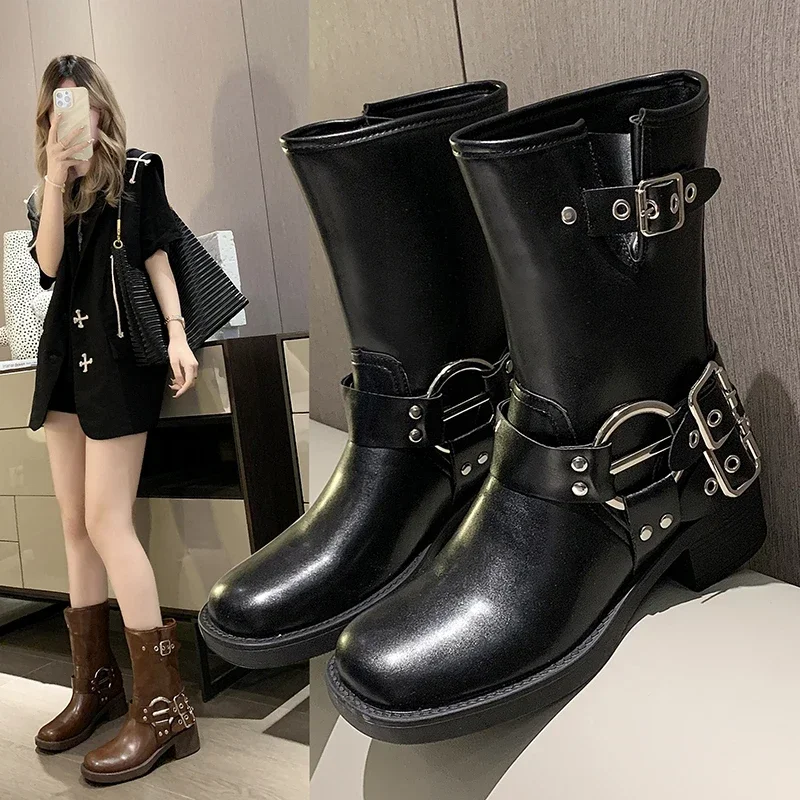 2023 Summer New Long Boots Thick Heel Belt Buckle Anti Slip Slim Boots Retro Fashion Large Sleeve Motorcycle Rider Boots