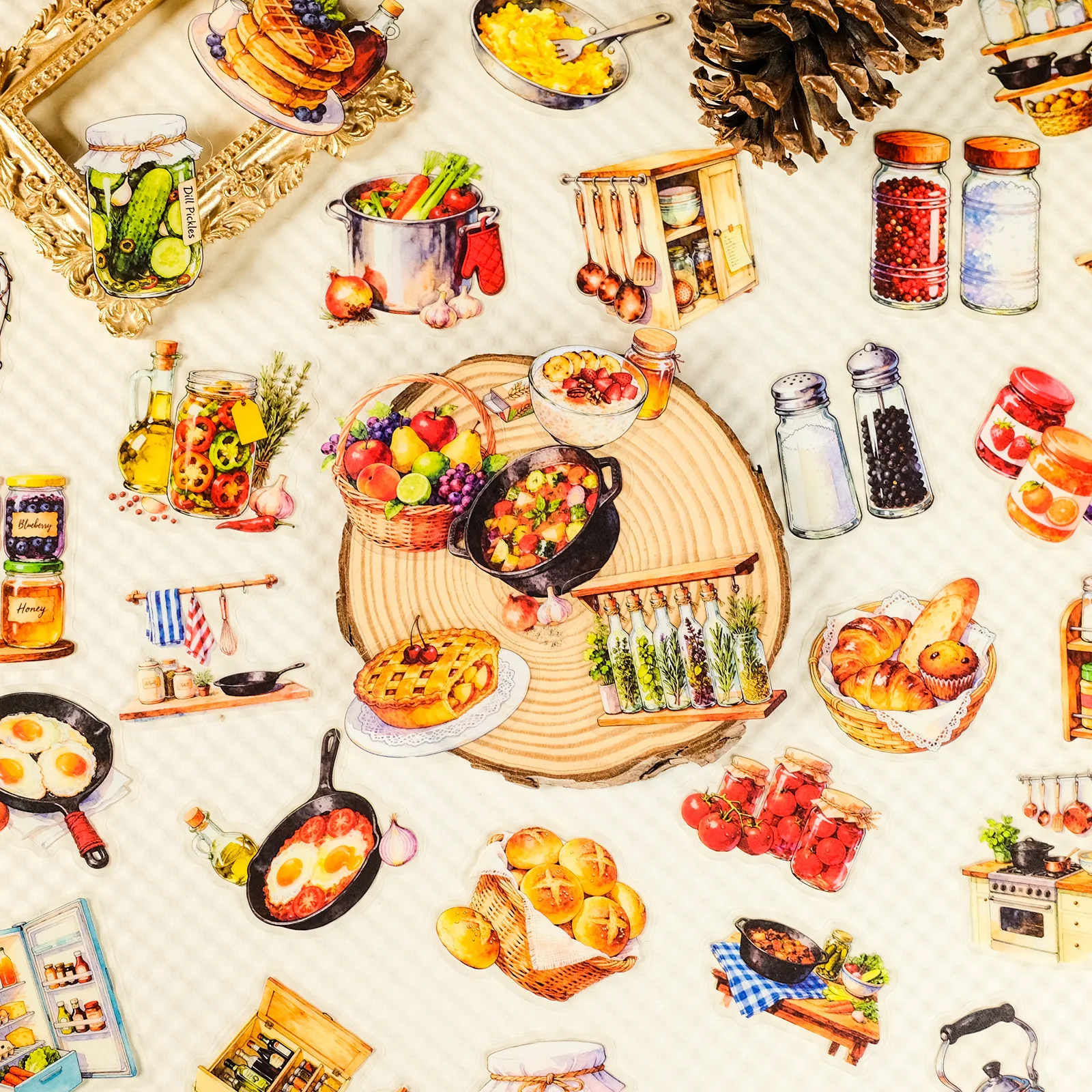 56PCS Watercolor Kitchen Food Stickers Clear Transparent Waterproof Decals DIY Decor for Water Cup Stationery Box Scrapbook