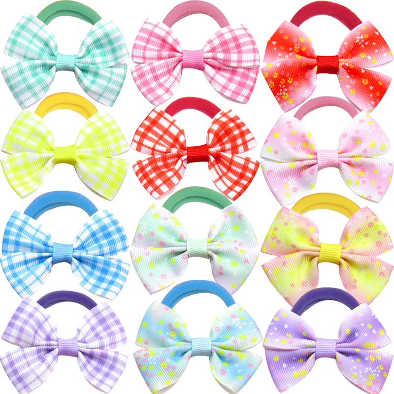 24PCS/LOT Lattice Print Cheap Bow Kids Elastic Hair Bands Elastic Small Girls Vintage Hair Accessories For Women Free Shipping