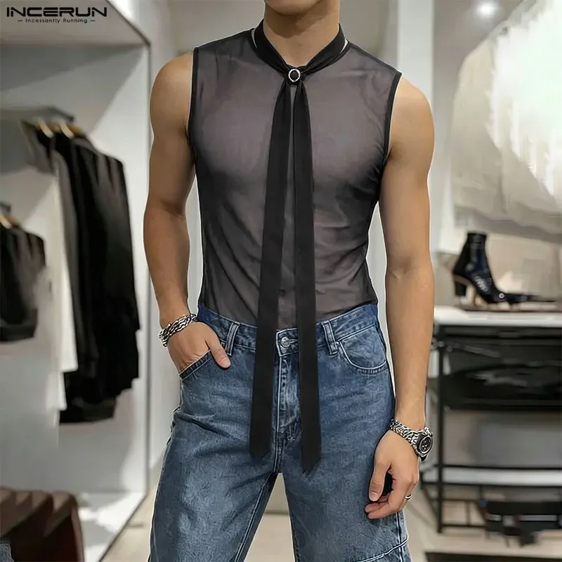 INCERUN Men's Tank Tops Mesh See Through Solid Sleeveless Men Clothes With Belt Streetwear Summer Sexy Fashion Male Vests Tops