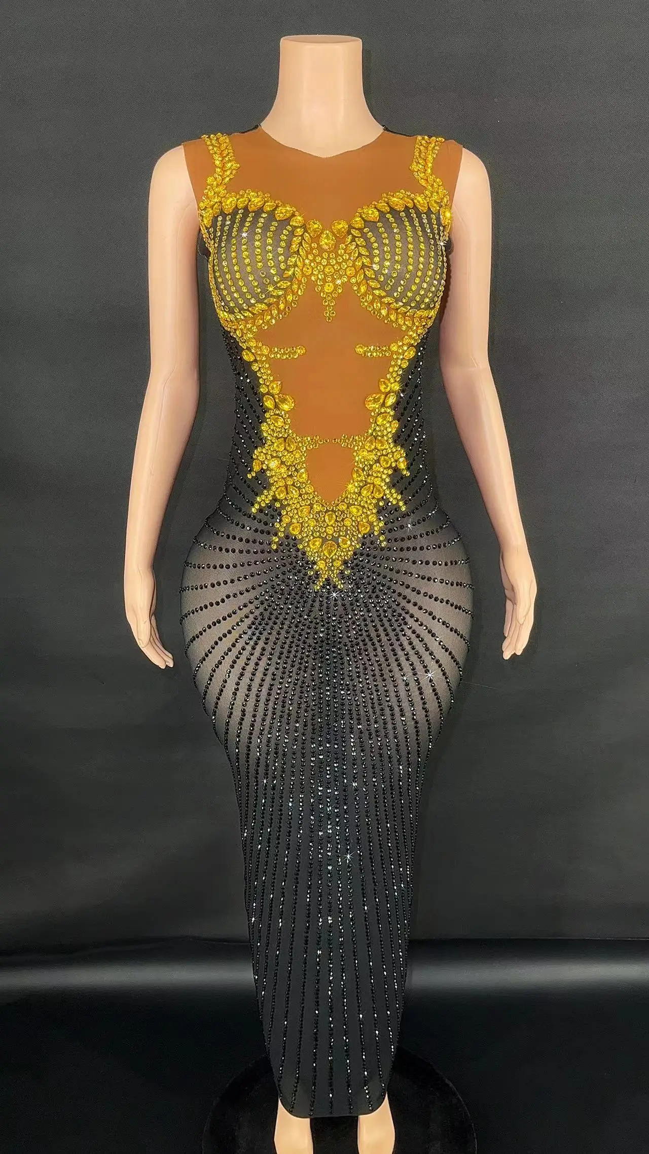 Sparkly Rhinestones Sleeveless Long Dress for Women Sexy Birthday Celebrate Evening Prom Dress Photo Shoot Performance Costume