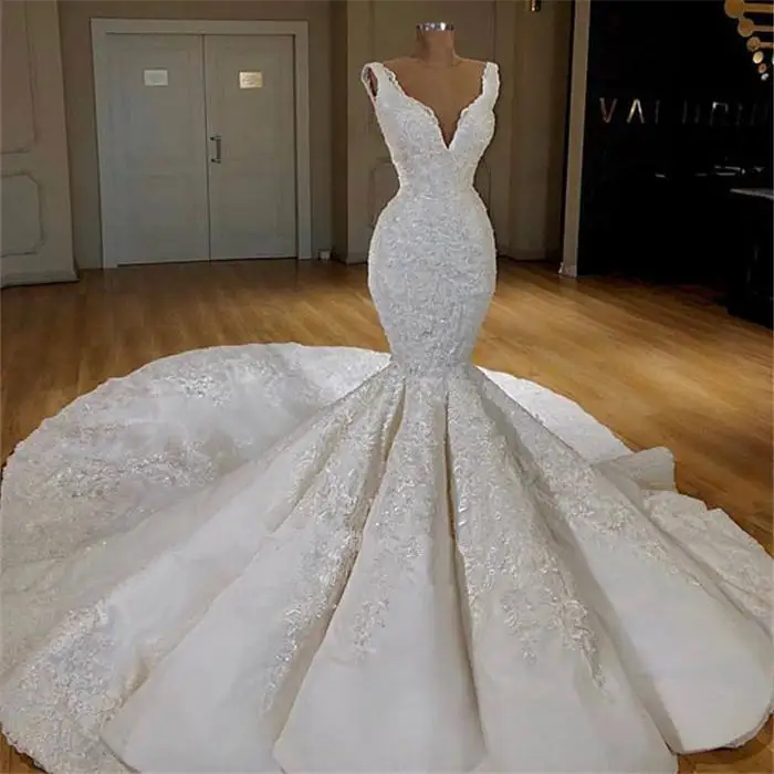 Customized African Mermaid Lace Wedding Dress Online Sleeveless Puffy Bridal Gowns Brand African Wedding Gown Fishtail Bridal Dr