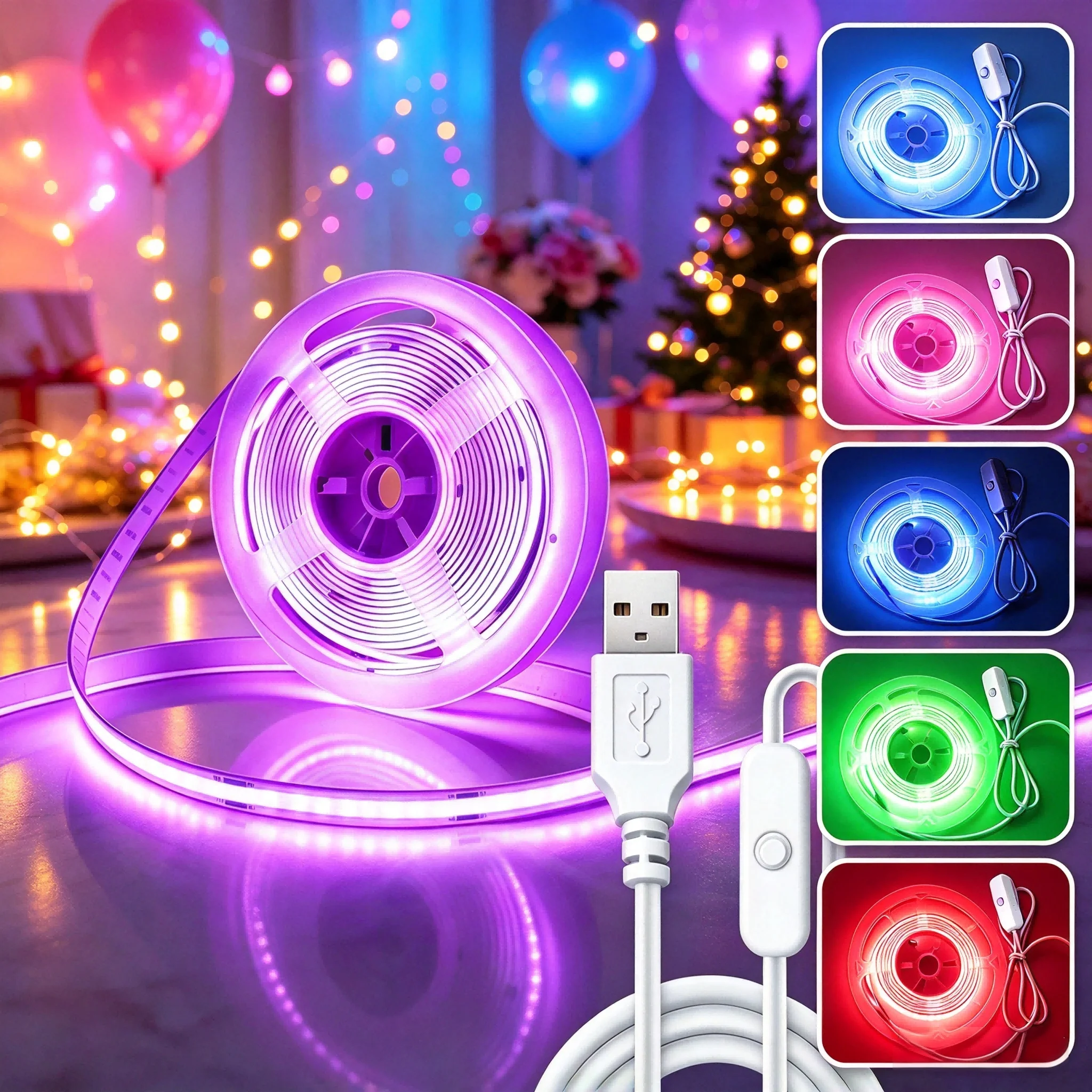 Dc 5V Green/Purple/Pink/Red/Blue/Warm Yellow/White Light, Multi-Color Decorative Light Strips, Physical Button Switch, Adhesive Backing, Freely Cuttable Cob Light Strips, Suitable for Holiday Parties, House Decoration,