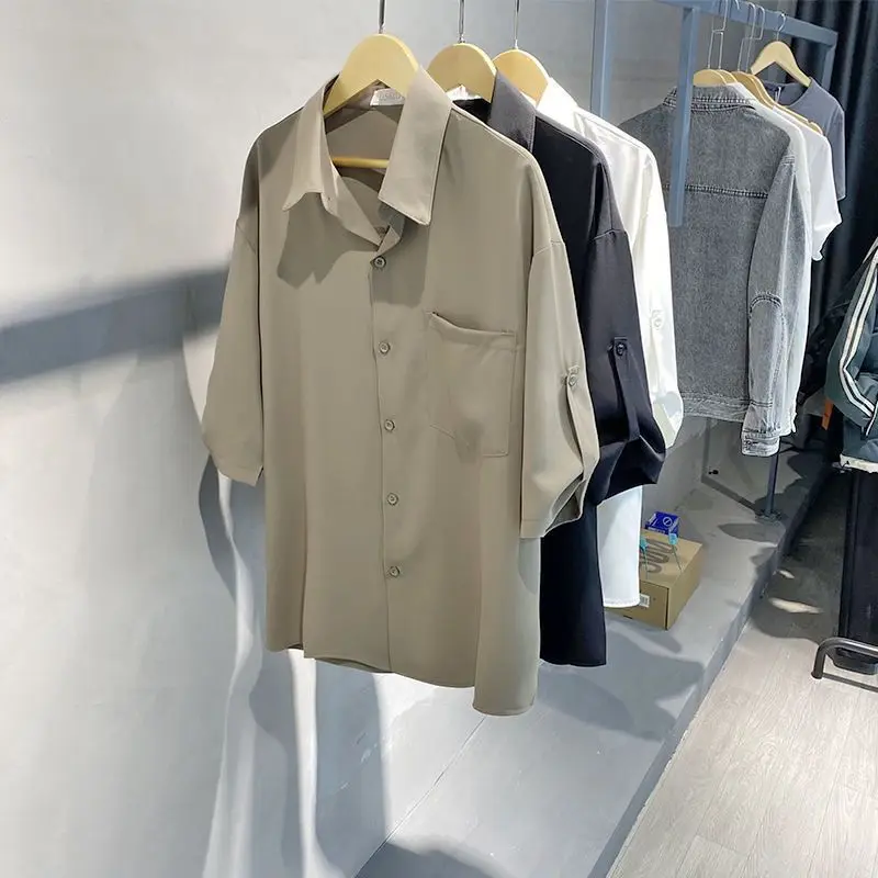 Ice Silk Shirt for Men's Summer Thin Loose Drooping Three-quarter Sleeve High-end Design Casual and Versatile