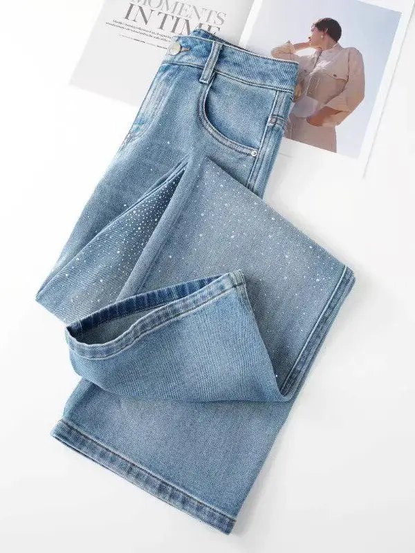 High Waist Wide Leg Denim Jeans Women's Spring 2026 New Style Glittering Nine Point Straight Cut Pants Diamond Embellished