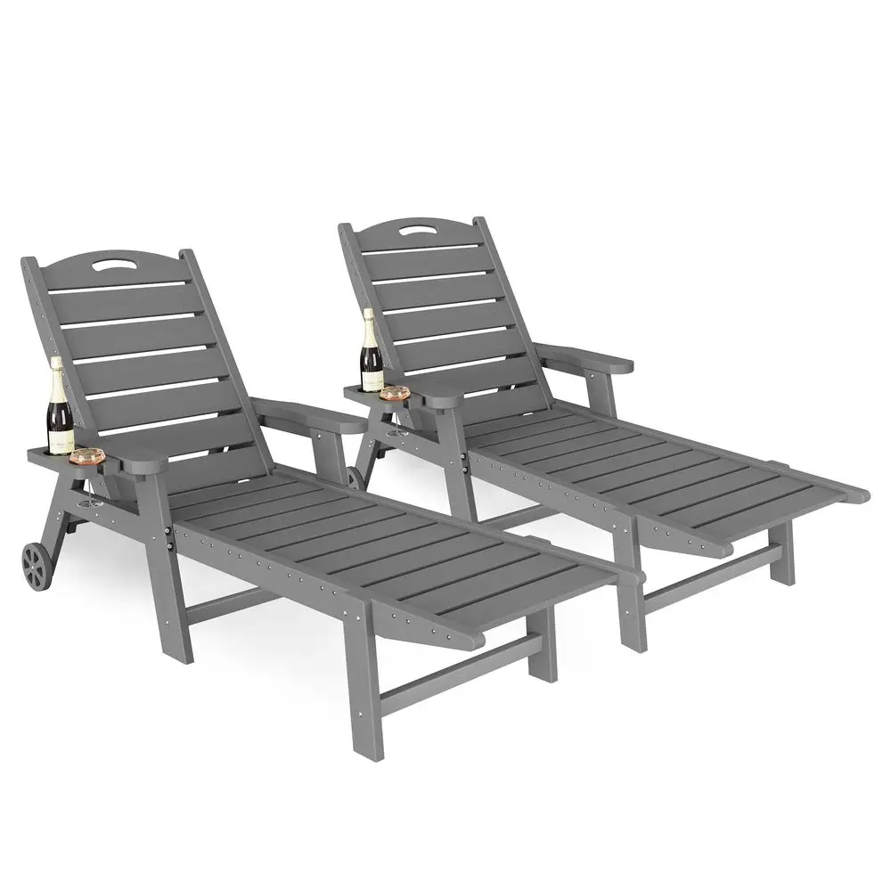 

Outdoor Chaise Lounge Chair, HDPE Patio Lounge Chairs for Outside with Wheels amp Cup Holder, Reclining Seating with 5 Position