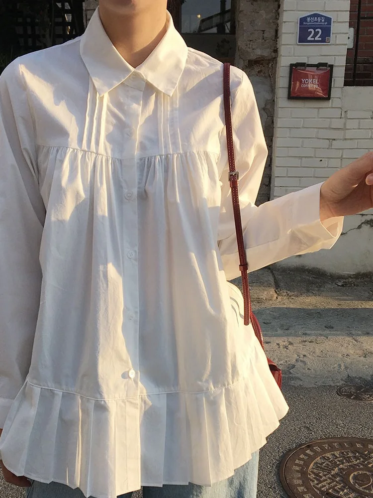 

Unique Spring Blue Long Sve irt Women's Faion Korean Sle Retro Collar Splicing Design Sensation Pleated Patchwork De...