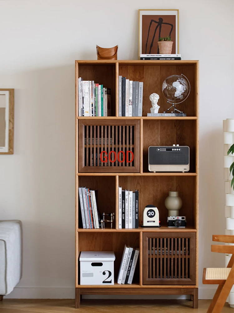 Walnut Cherry Contrast Color Minimalist Log Bookcase Bookshelf Solid Wood Floor Display Locker