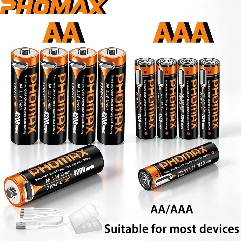 PHOMAX Li-Ion AA/AAA wiederaufladbare Batterien USB Lithium-Ionen 1,5V AA/AAA 4200mAh 1150mWh Akku mit Typ-C-Kabel für ferngesteuerte Spielzeuge