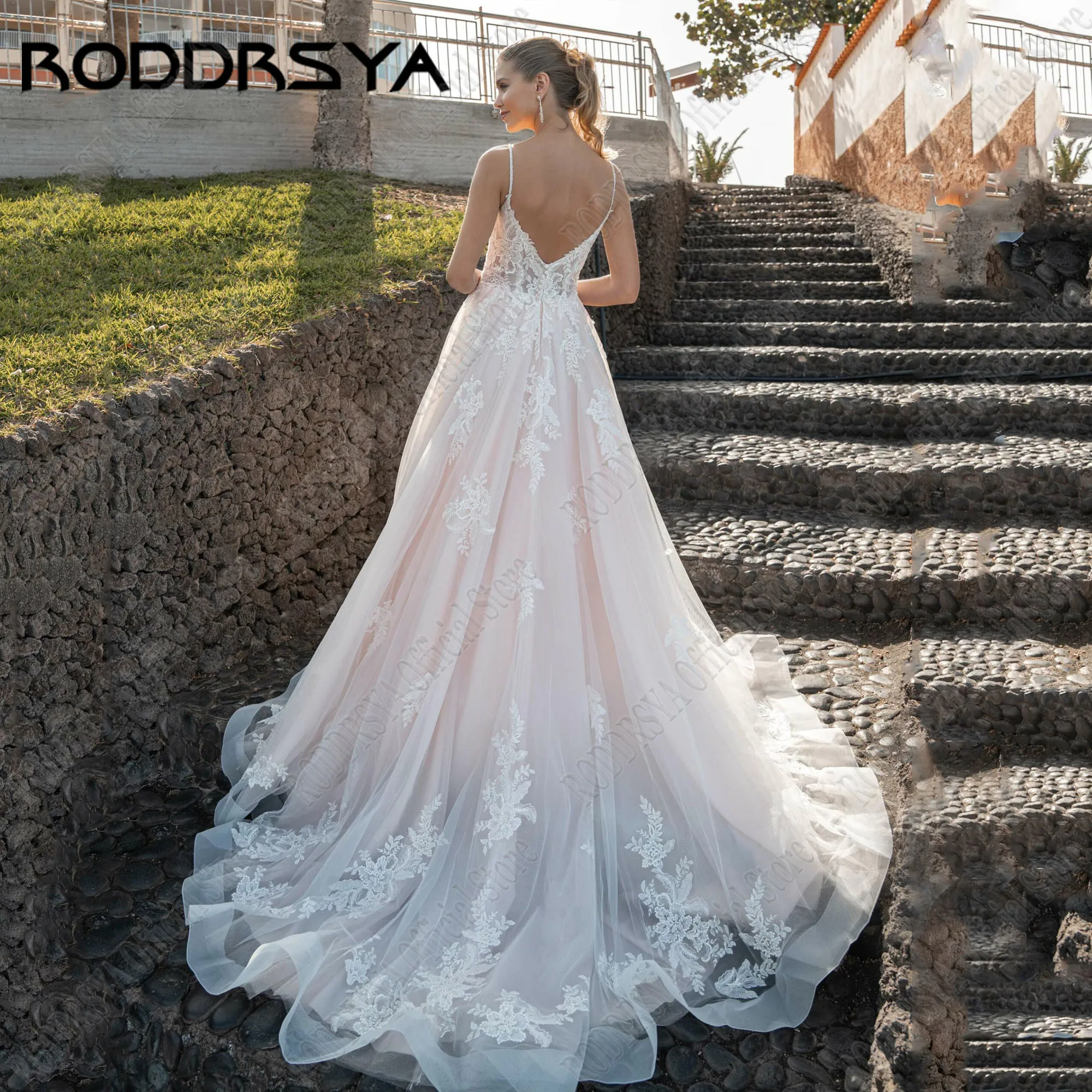 RODDRSYA-vestido De novia sin espalda con purpurina para mujer, con tirantes finos vestido De novia, línea A, cuello en V, Apliques De encaje sin