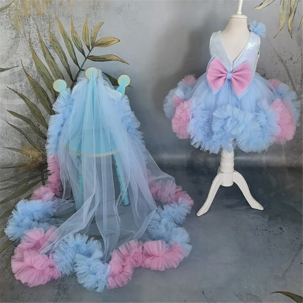 Abiti da ragazza di fiore angelo blu Tulle con paillettes con fiocco senza maniche per matrimonio, regalo di compleanno per bambini, abito da prima