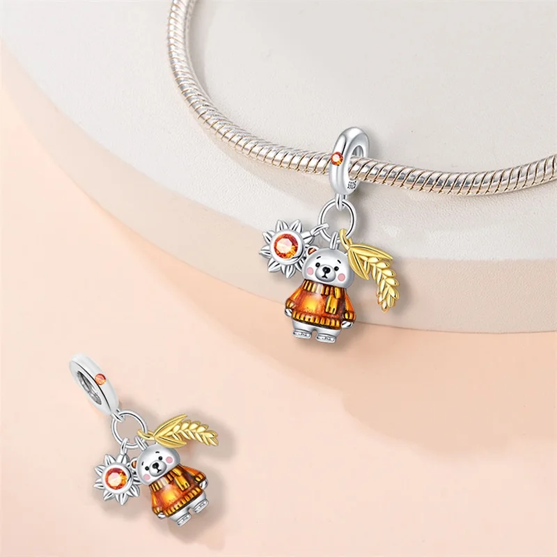 Original 925 Sterling Silver Autumn Series Maple Leaves Scarecrow Pumpkin Squirrel Charms Beads Fit S925 Bracelet DIY Jewelry