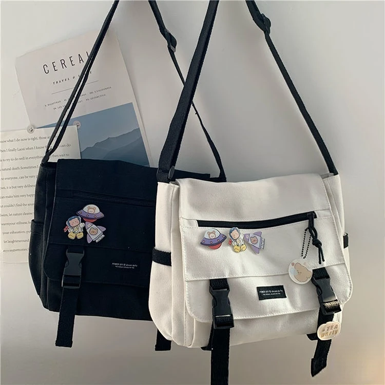 Harajuku Versatile Canvas Crossbody Bags for Women Solid Color Casual Handbags Shoulder Bag Teen Girls Messenger Bag Satchel Sac