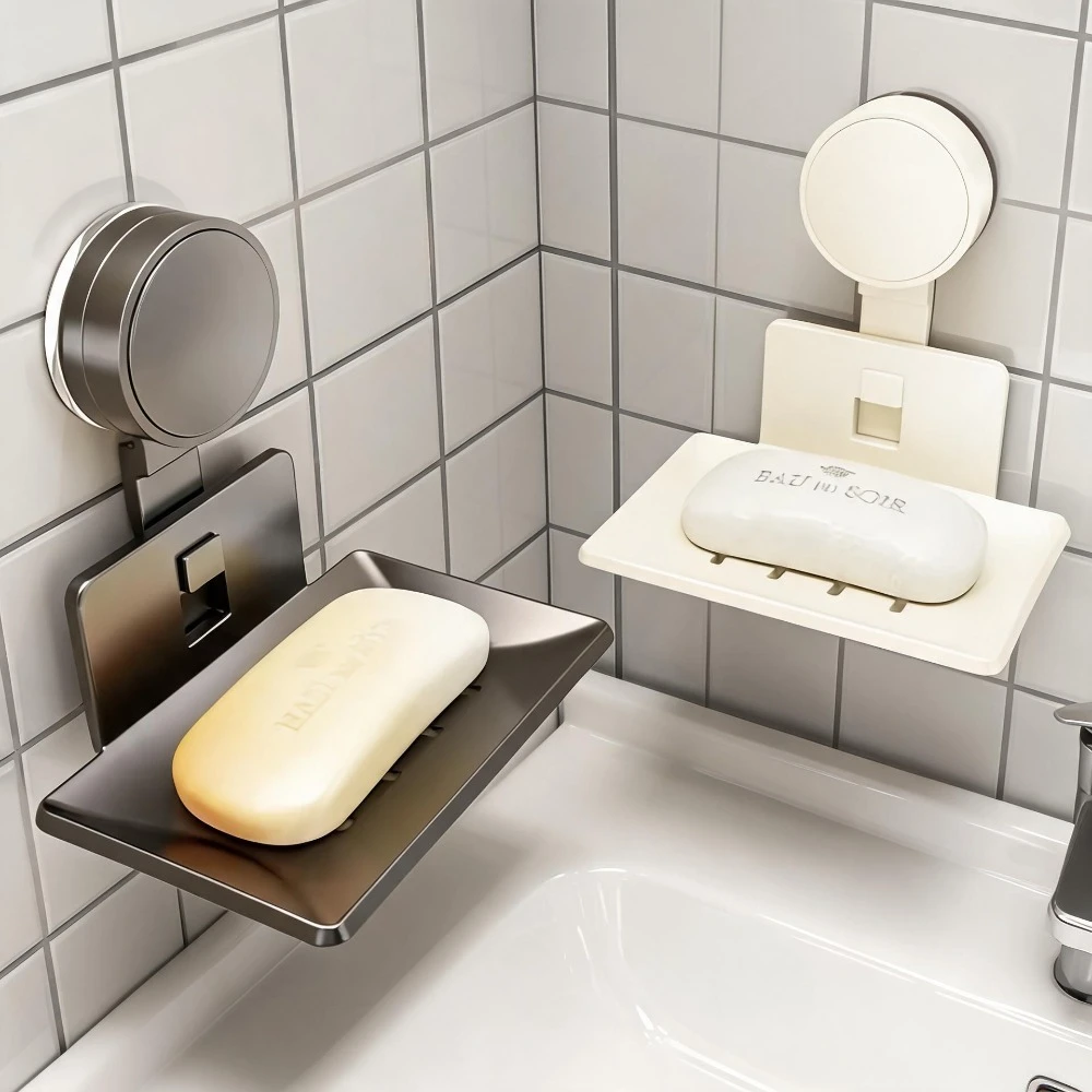 1pc Suction Cup Design No Drill Wall Mounted Soap Dish Drain Shelf Metal Soap Holder Household Shower Room Accessories