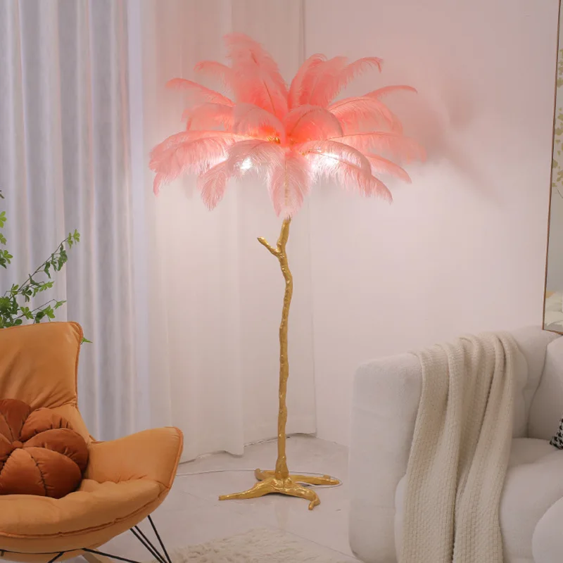 Lámpara de pie LED de pluma de avestruz nórdica, decoración de sala de estar de resina, iluminación interior, dormitorio, lámpara de mesita de noche