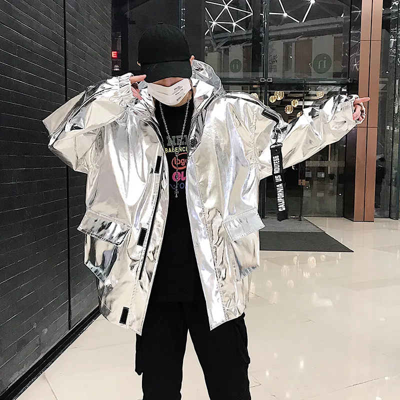 Spring and Autumn Glossy Silver Gold Loose Hooded Jacket for Men Ribbon Design Performance Hip Hop Purple Blue Jacket