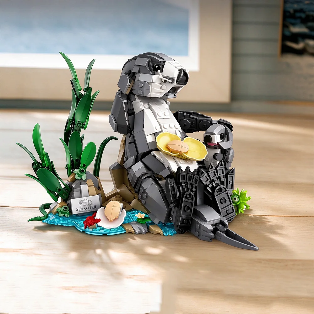 Cute Sea Otter Family Building Block Toy With Shell And Seaweed Base Interlocking Brick Set For Adult Collector Desktop Display