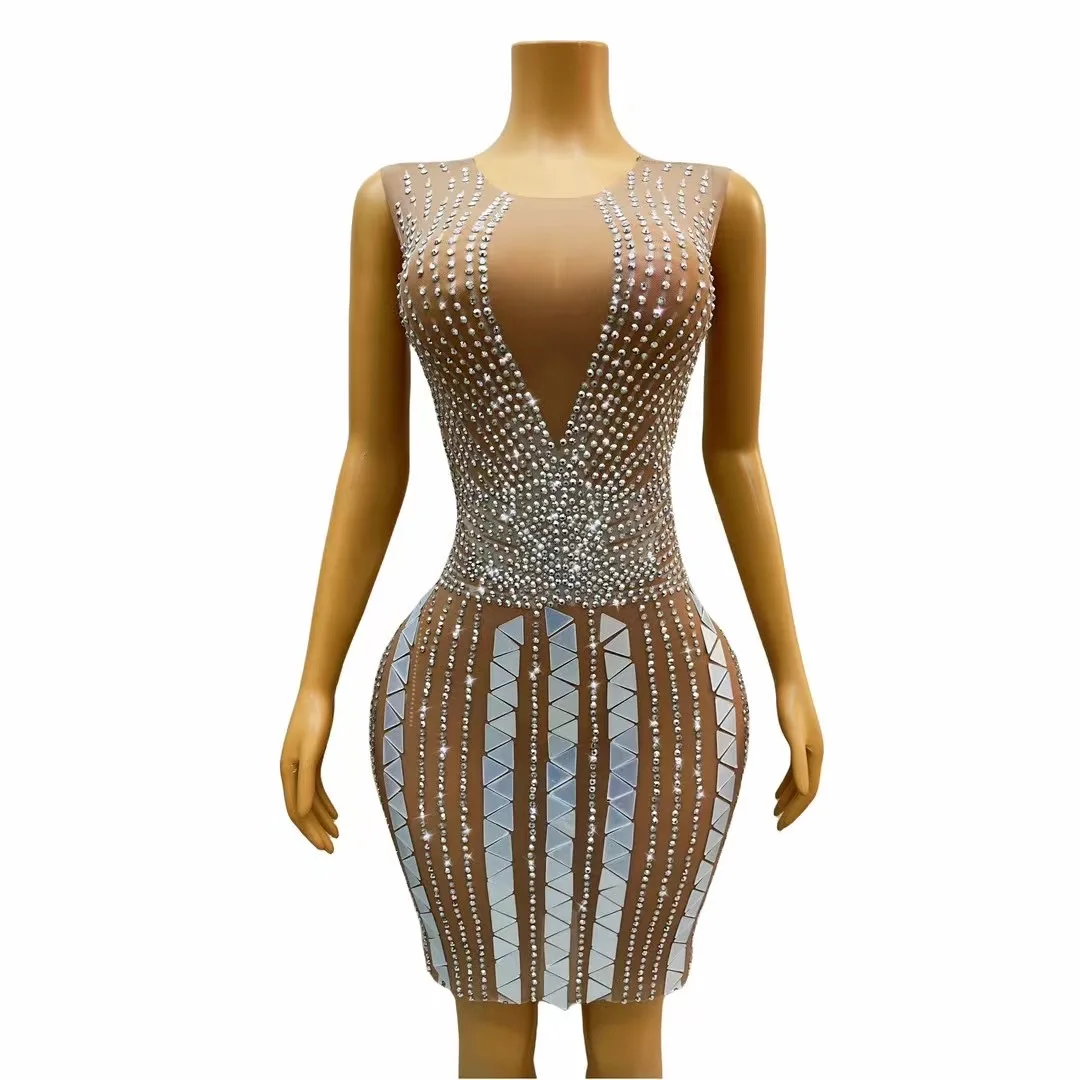 

Sexy See Through Mesh Shining MirrorRhinestone Sleeveless Women Dress FashionPhoto Shoot Party Wear Sing Dance StageCostume C335