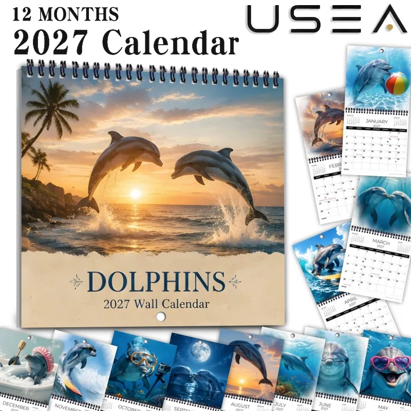 2027 Square Spiral Wall Calendar,Month Planner with Habit Tracker,Lunar Moon Phases, Coastal Dolphin Theme,Ideal Christmas Gift